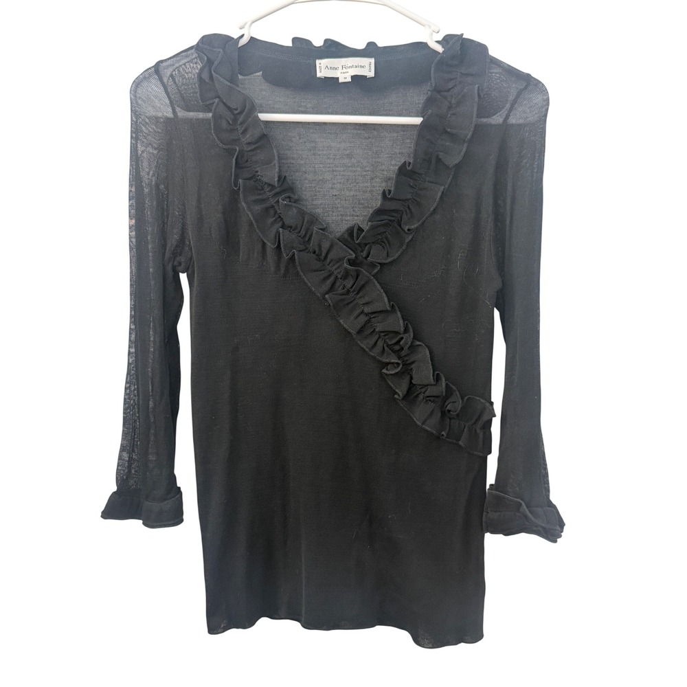 Anne Fontaine Paris Black Ruffle Trim V-Neck Mesh Knit Top Size 2 Made in France